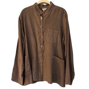 Match Point 100% Linen Chocolate Brown Mandarin Collar Jacket Sz L